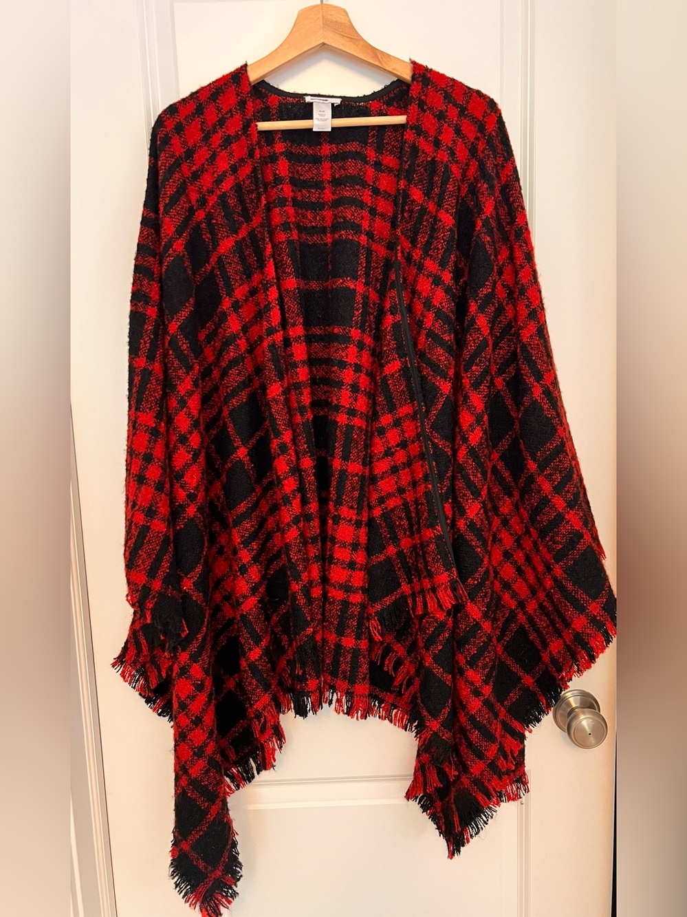 J. Jill Red & Black Plaid Fringe Cape Poncho